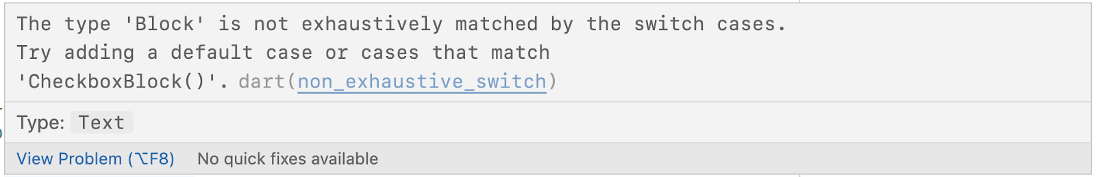 Eine Warnung in VS Code, dass nicht alle Fälle vollständig geprüft werden.