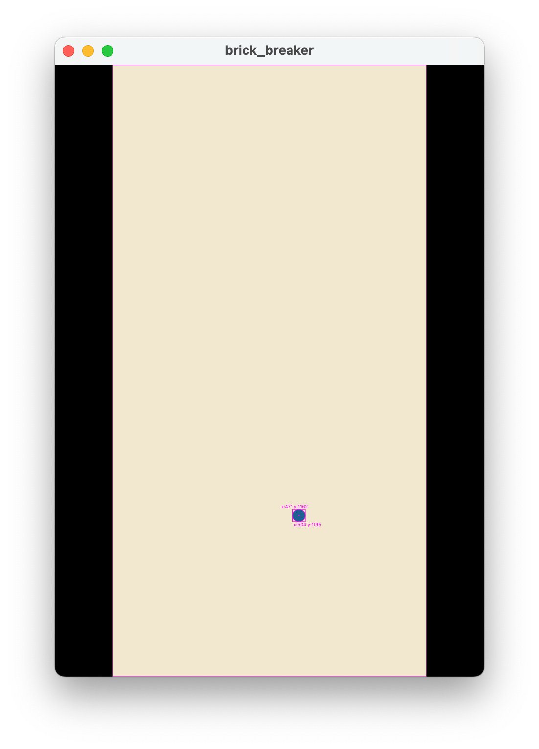 Uno screenshot che mostra una finestra dell&#39;applicazione brick_breaker con un cerchio blu sopra il rettangolo color sabbia. Il cerchio blu è annotato con numeri che indicano le dimensioni e la posizione sullo schermo
